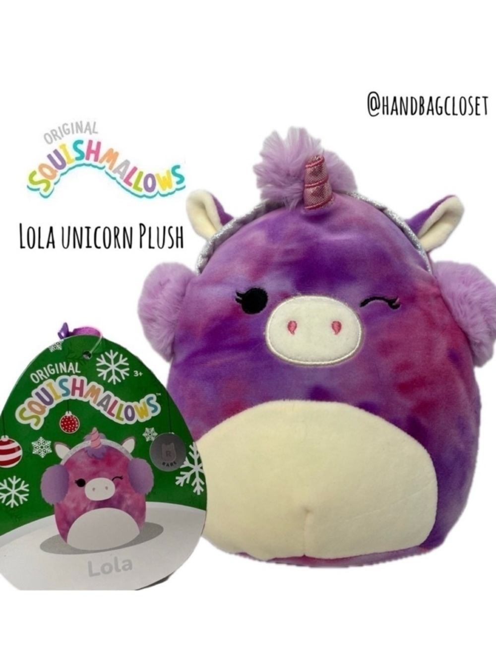 Squishmallow Lola the Unicorn Purple Christmas Earmuffs Stuffed RARE Plush